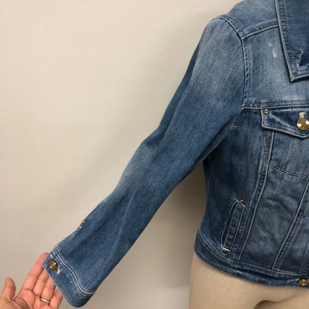 White House Black Market Denim Jacket Womens 10 Blue Distressed Gold Buttons